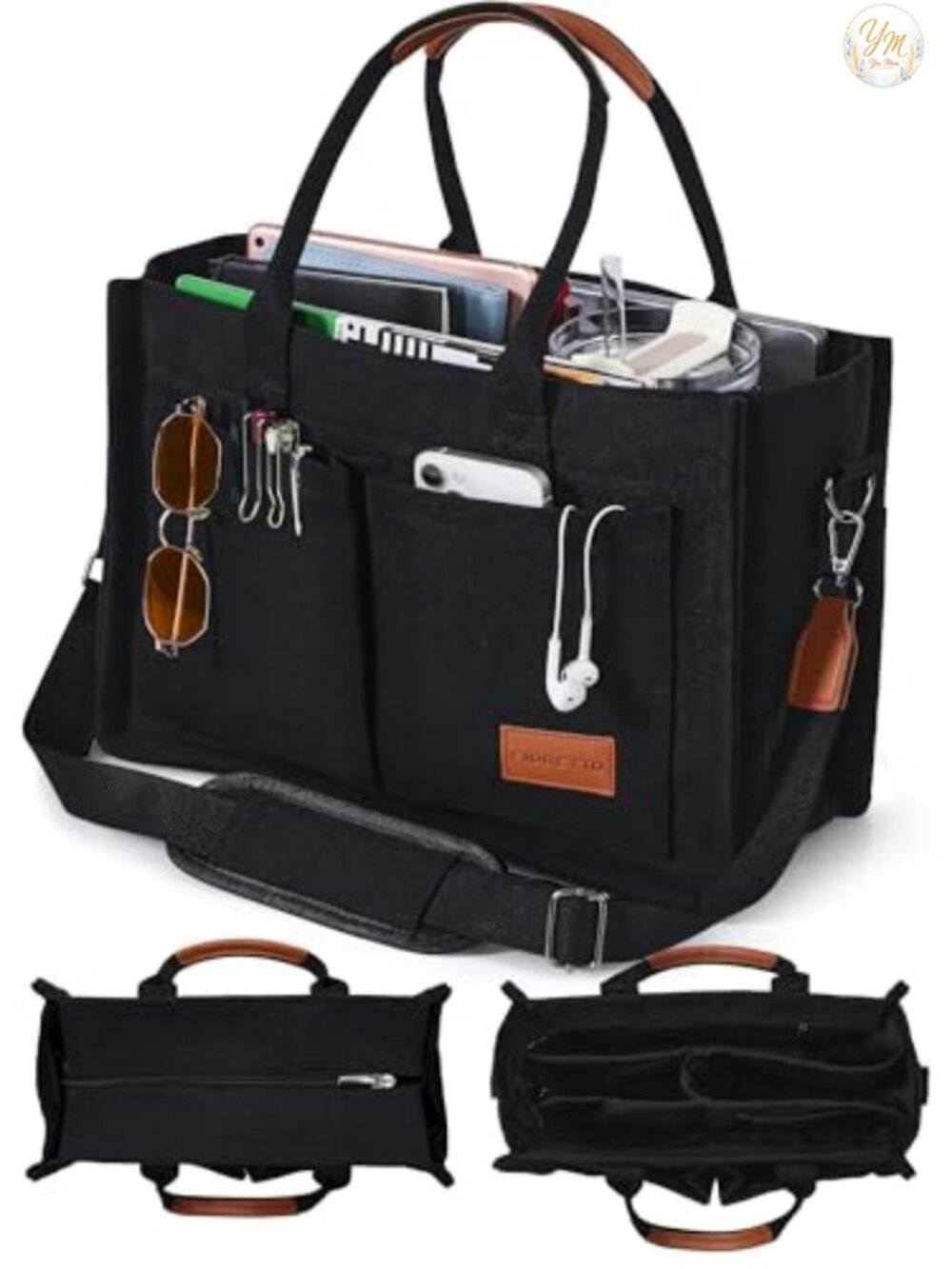 Canvas Tote Bag with Zipper Closure and Individual Compartments for Work